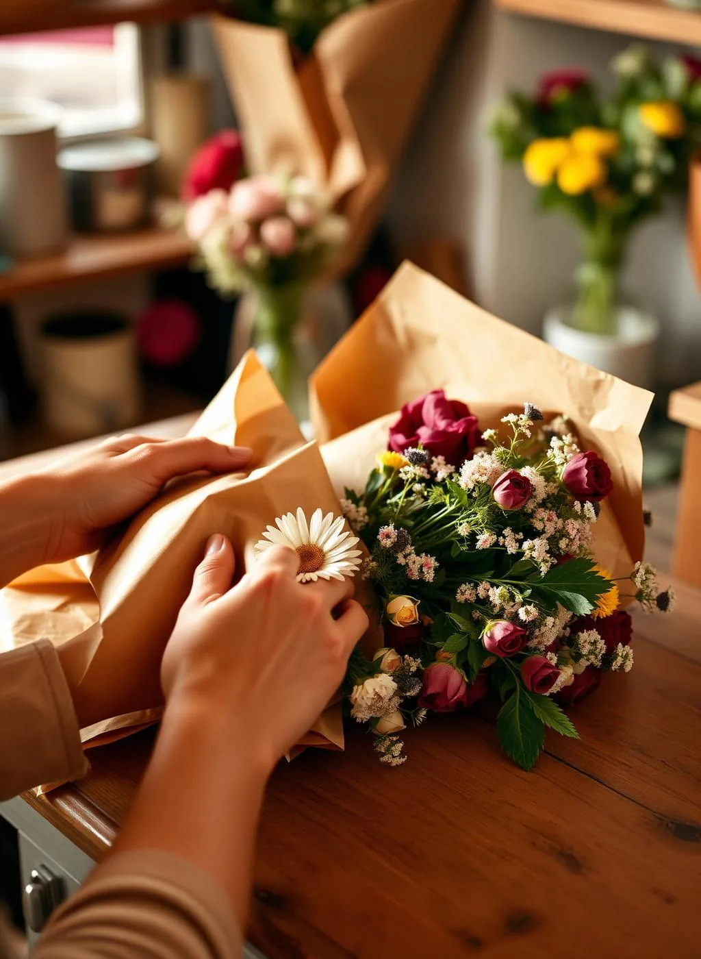 Wrapping a bouquet in kraft paper