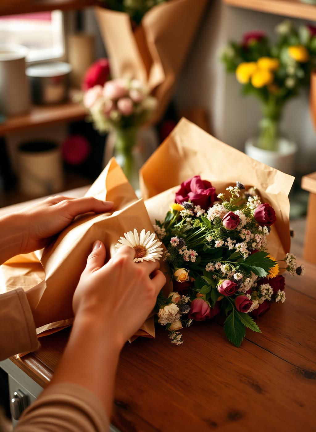 Wrapping a bouquet in kraft paper