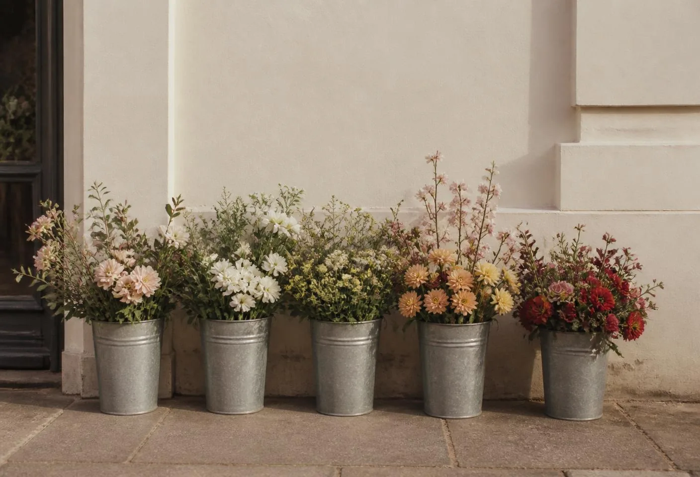 Buckets of flowers on the pavement