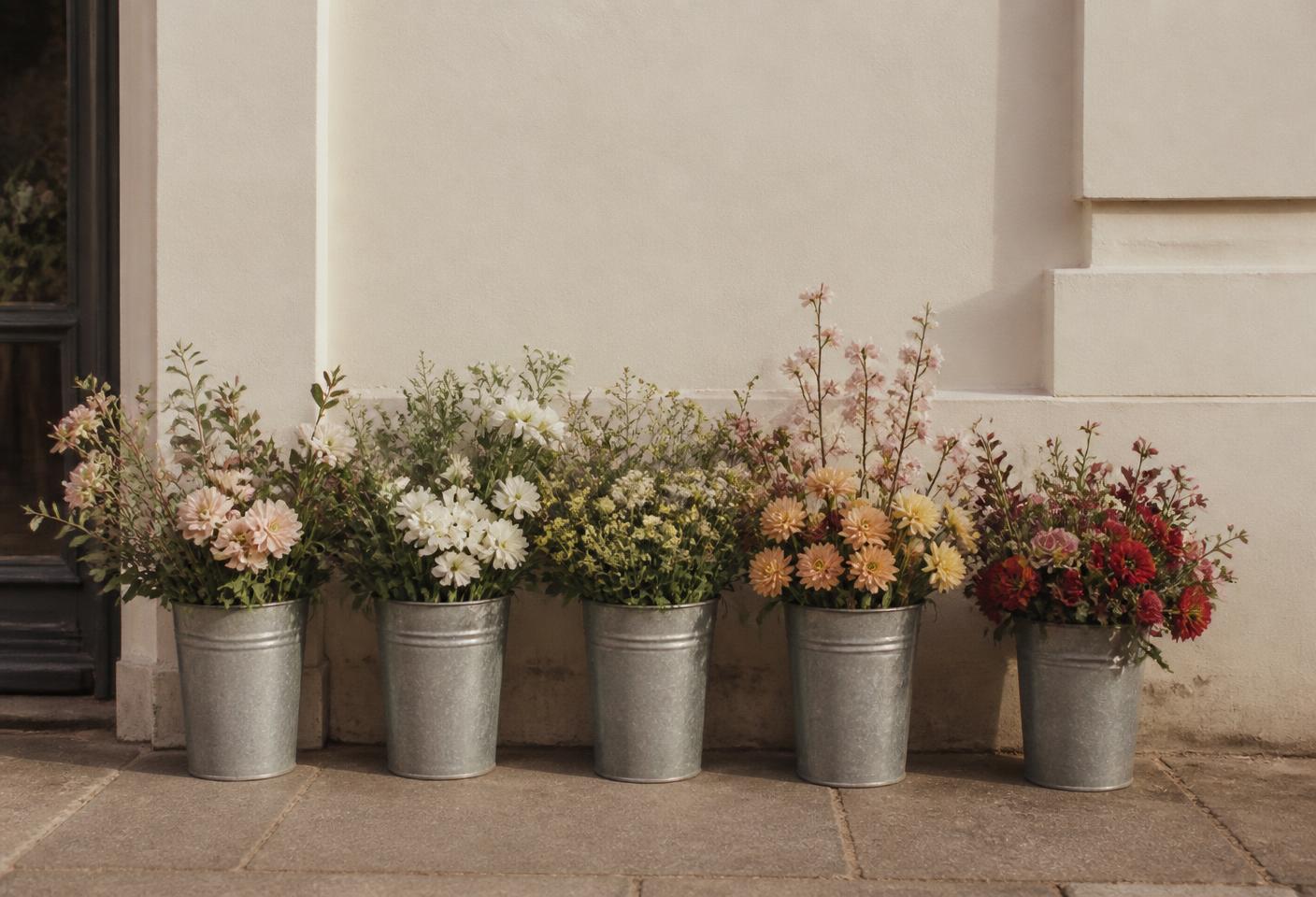 Buckets of flowers on the pavement