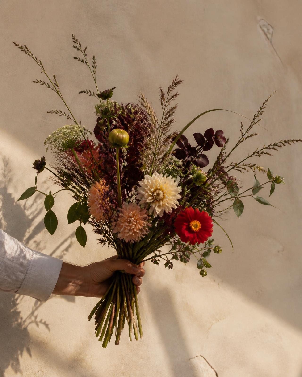 Loose seasonal bouquet held against a cream wall