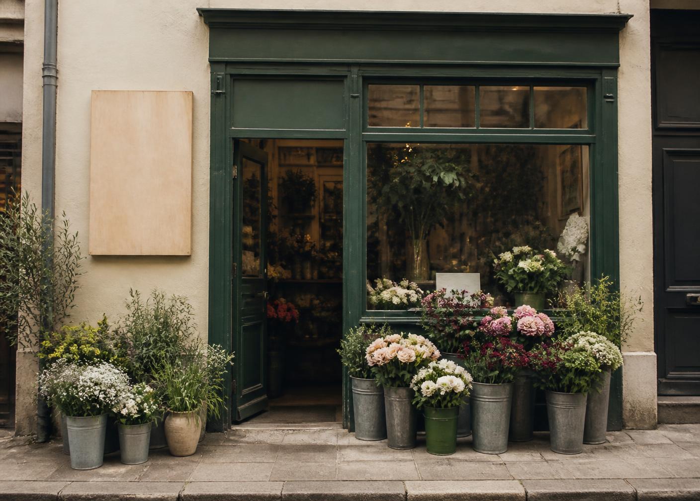 Petal Club shopfront with a green door